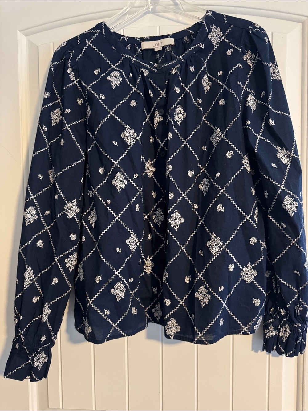 LOFT Navy Blue Long-Sleeve Floral Grid Blouse